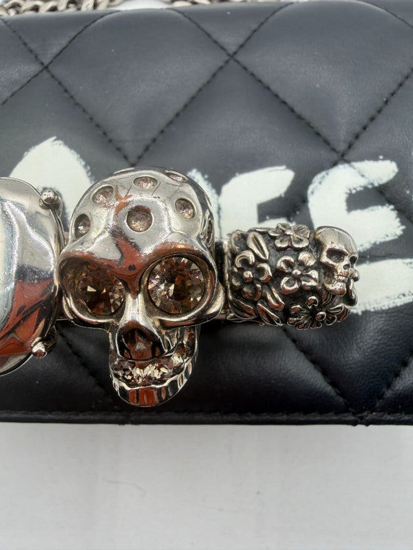 Alexander McQueen Jewelled Satchel Crossbody Bag Black Leather Skull Quilt Box