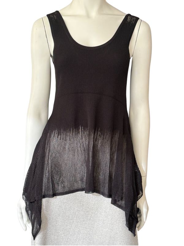 Prabal Gurung Sheer & Opaque Ribbed Peplum Shell Tank – Black – Size S