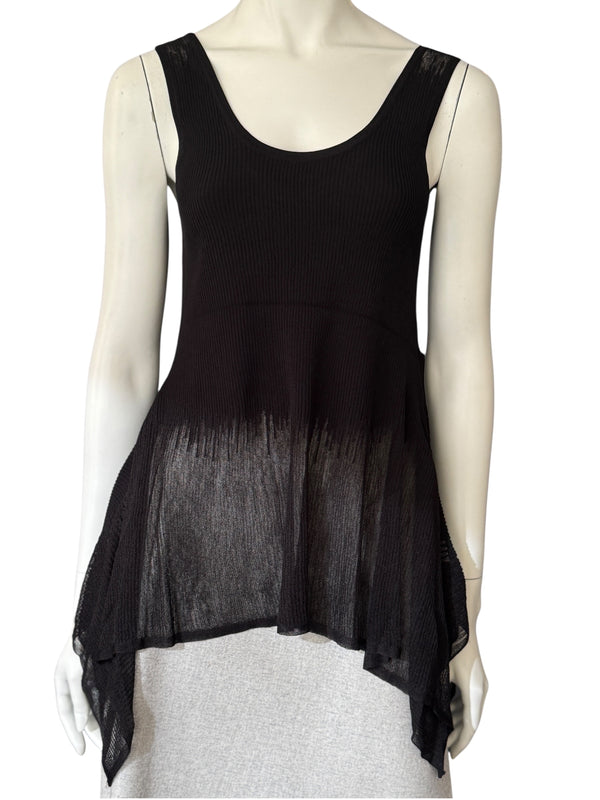 Prabal Gurung Sheer & Opaque Ribbed Peplum Shell Tank – Black – Size S