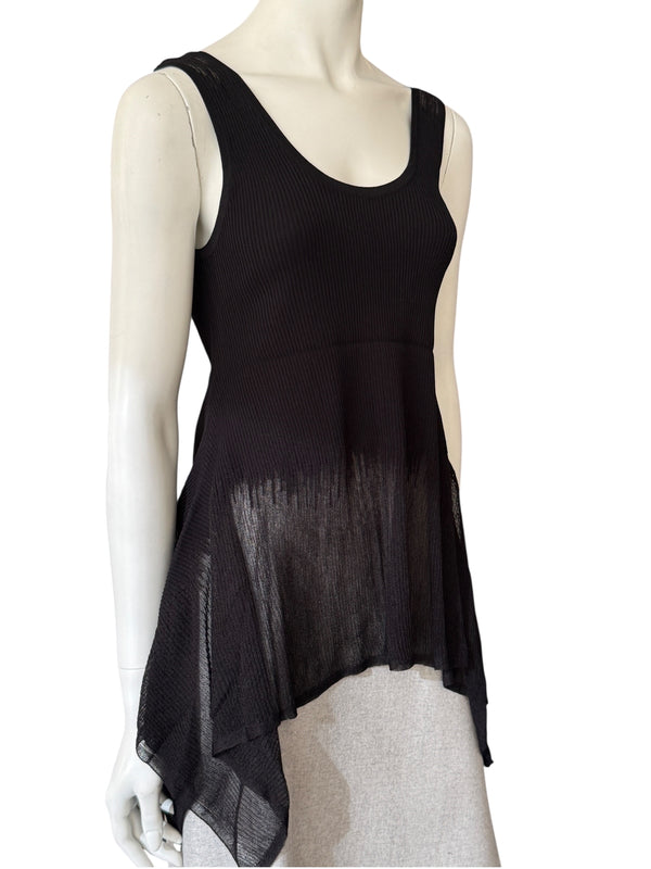 Prabal Gurung Sheer & Opaque Ribbed Peplum Shell Tank – Black – Size S