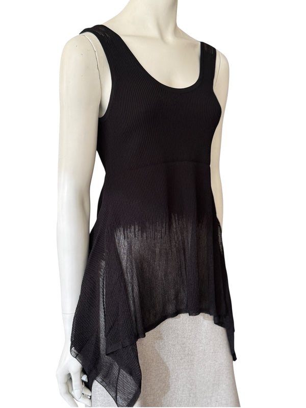 Prabal Gurung Sheer & Opaque Ribbed Peplum Shell Tank – Black – Size S