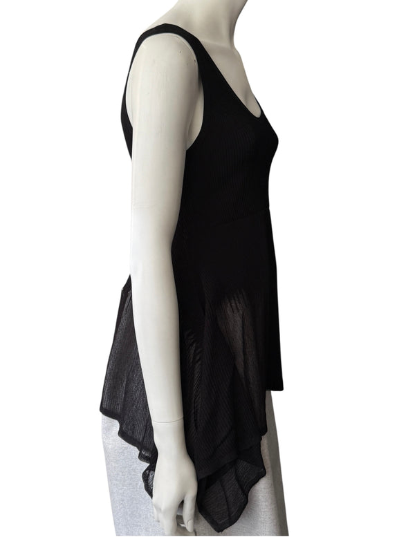 Prabal Gurung Sheer & Opaque Ribbed Peplum Shell Tank – Black – Size S