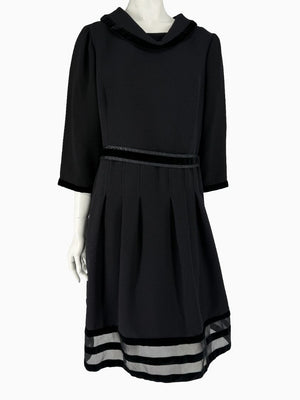 Oscar de la Renta Black Wool Silk Dress Size 16 Velvet Trim Italy Cocktail Evening