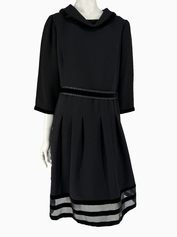 Oscar de la Renta Black Wool Silk Dress Size 16 Velvet Trim Italy Cocktail Evening