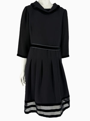 Oscar de la Renta Black Wool Silk Dress Size 16 Velvet Trim Italy Cocktail Evening