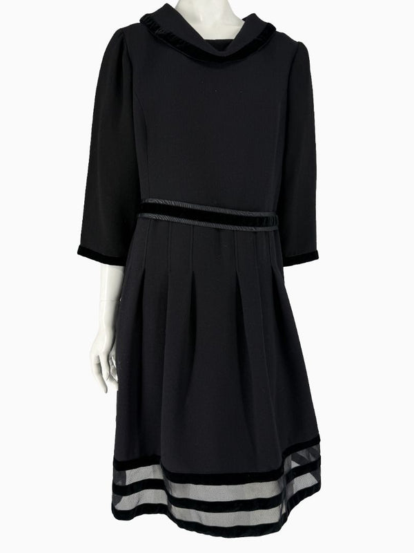 Oscar de la Renta Black Wool Silk Dress Size 16 Velvet Trim Italy Cocktail Evening
