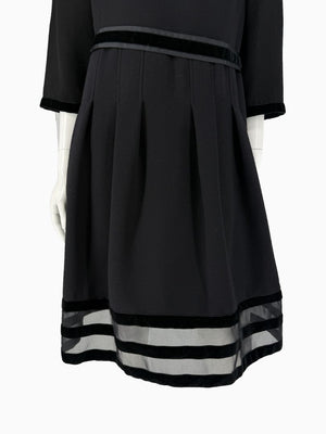 Oscar de la Renta Black Wool Silk Dress Size 16 Velvet Trim Italy Cocktail Evening