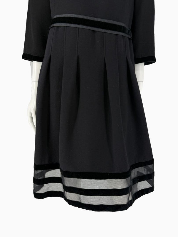 Oscar de la Renta Black Wool Silk Dress Size 16 Velvet Trim Italy Cocktail Evening