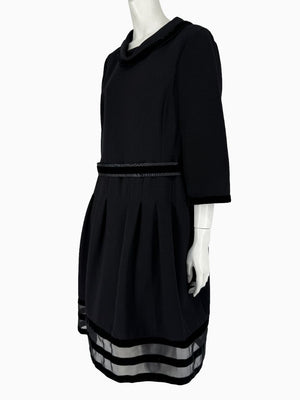 Oscar de la Renta Black Wool Silk Dress Size 16 Velvet Trim Italy Cocktail Evening