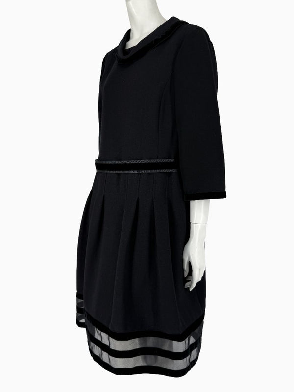 Oscar de la Renta Black Wool Silk Dress Size 16 Velvet Trim Italy Cocktail Evening