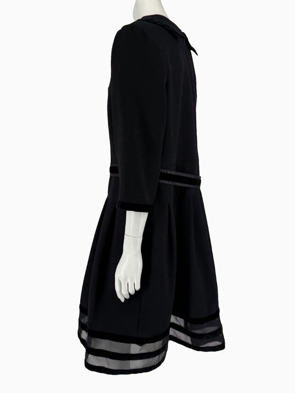 Oscar de la Renta Black Wool Silk Dress Size 16 Velvet Trim Italy Cocktail Evening