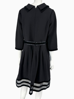 Oscar de la Renta Black Wool Silk Dress Size 16 Velvet Trim Italy Cocktail Evening