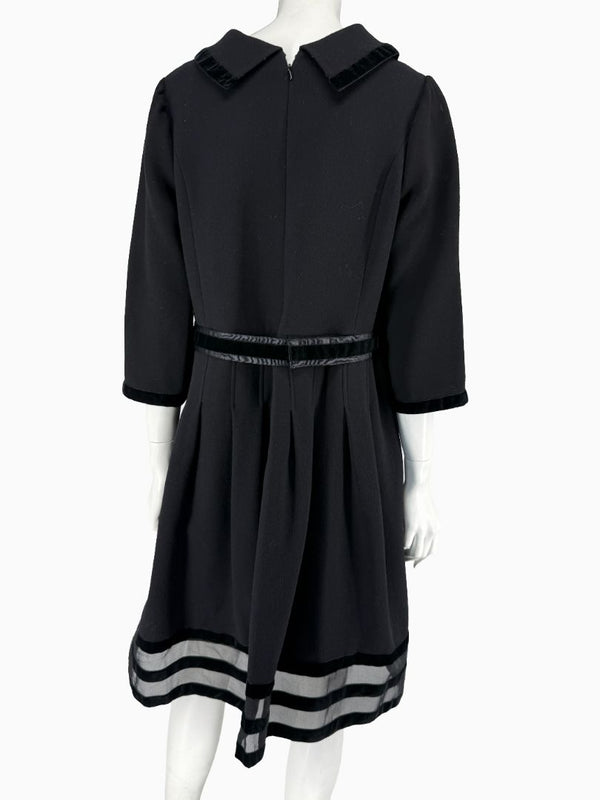 Oscar de la Renta Black Wool Silk Dress Size 16 Velvet Trim Italy Cocktail Evening