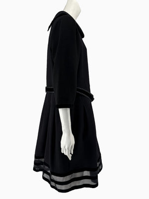 Oscar de la Renta Black Wool Silk Dress Size 16 Velvet Trim Italy Cocktail Evening