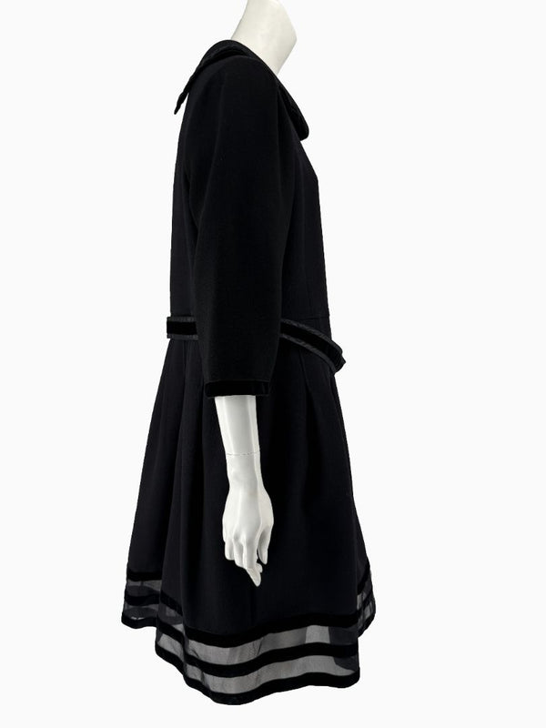 Oscar de la Renta Black Wool Silk Dress Size 16 Velvet Trim Italy Cocktail Evening