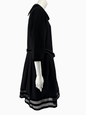 Oscar de la Renta Black Wool Silk Dress Size 16 Velvet Trim Italy Cocktail Evening