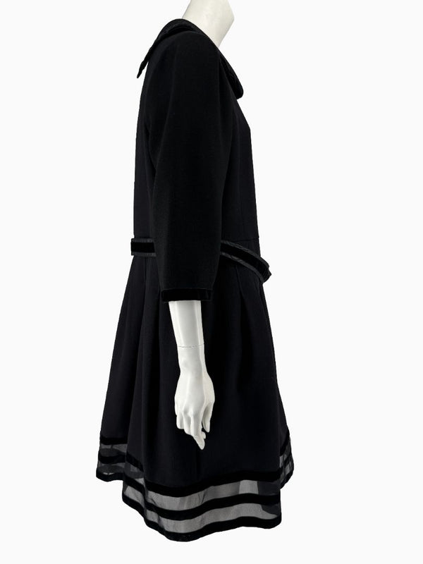 Oscar de la Renta Black Wool Silk Dress Size 16 Velvet Trim Italy Cocktail Evening