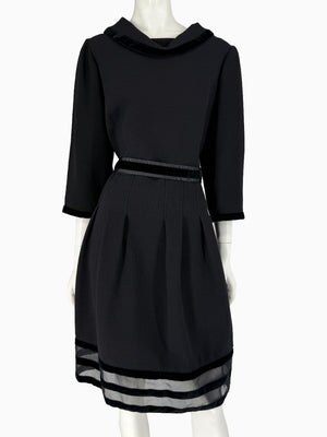 Oscar de la Renta Black Wool Silk Dress Size 16 Velvet Trim Italy Cocktail Evening