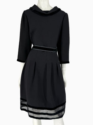 Oscar de la Renta Black Wool Silk Dress Size 16 Velvet Trim Italy Cocktail Evening