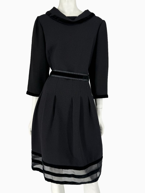 Oscar de la Renta Black Wool Silk Dress Size 16 Velvet Trim Italy Cocktail Evening