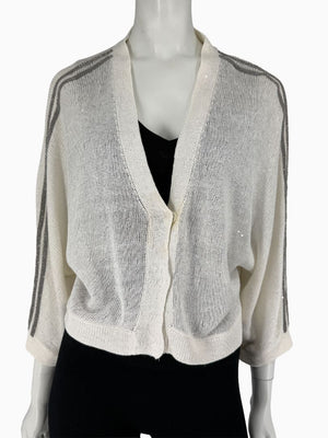 Brunello Cucinelli 3XL Ivory Linen Silk Monili Beaded Cardigan Italy Lightweight Sweater