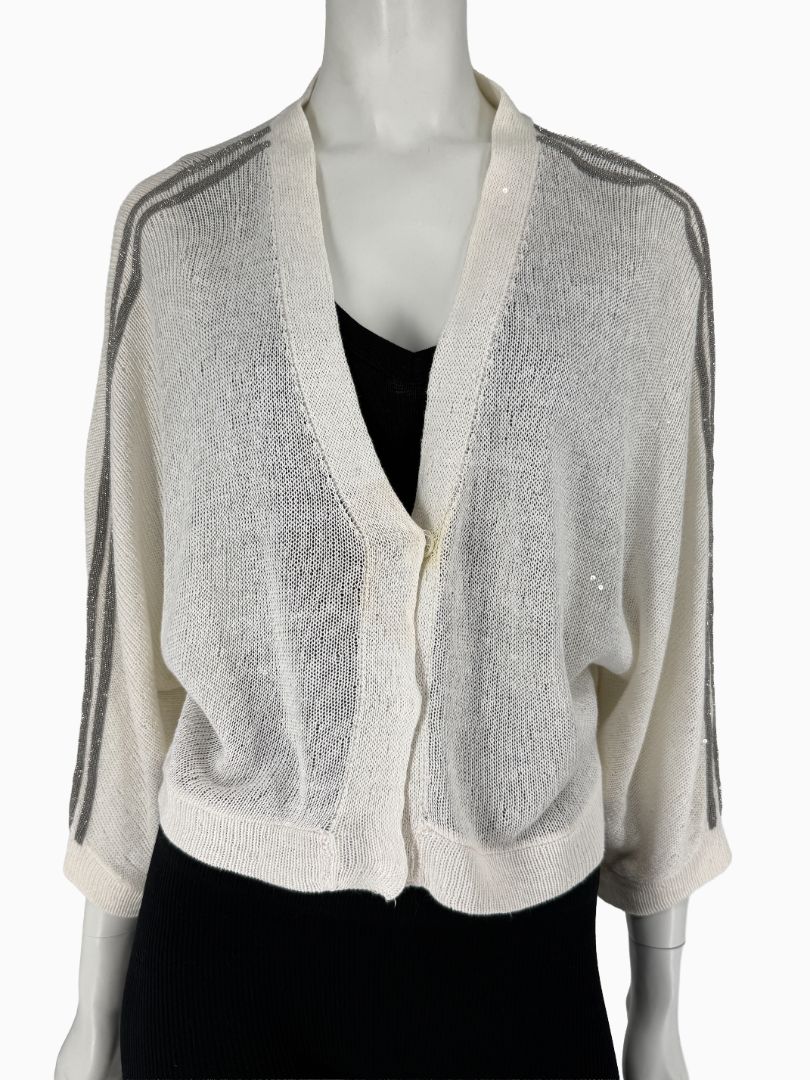 Brunello Cucinelli 3XL Ivory Linen Silk Monili Beaded Cardigan Italy Lightweight Sweater