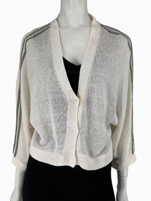 Brunello Cucinelli 3XL Ivory Linen Silk Monili Beaded Cardigan Italy Lightweight Sweater