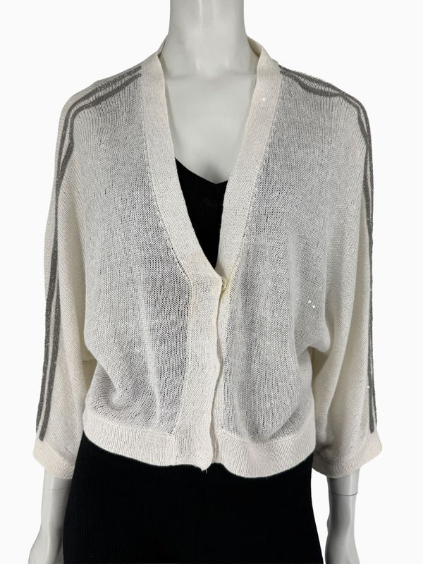 Brunello Cucinelli 3XL Ivory Linen Silk Monili Beaded Cardigan Italy Lightweight Sweater