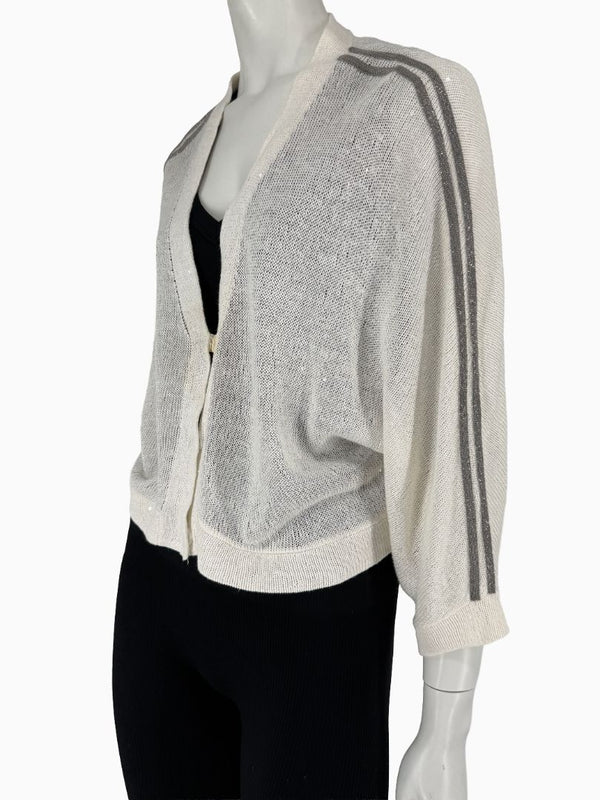 Brunello Cucinelli 3XL Ivory Linen Silk Monili Beaded Cardigan Italy Lightweight Sweater