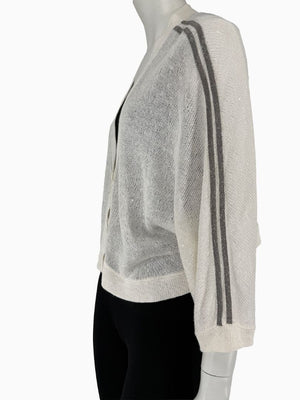 Brunello Cucinelli 3XL Ivory Linen Silk Monili Beaded Cardigan Italy Lightweight Sweater