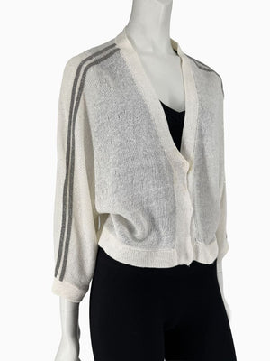 Brunello Cucinelli 3XL Ivory Linen Silk Monili Beaded Cardigan Italy Lightweight Sweater