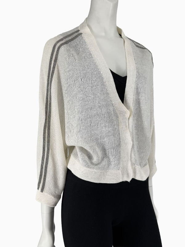 Brunello Cucinelli 3XL Ivory Linen Silk Monili Beaded Cardigan Italy Lightweight Sweater