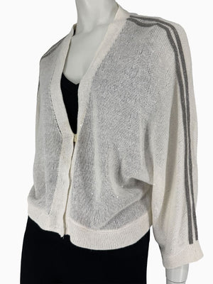 Brunello Cucinelli 3XL Ivory Linen Silk Monili Beaded Cardigan Italy Lightweight Sweater