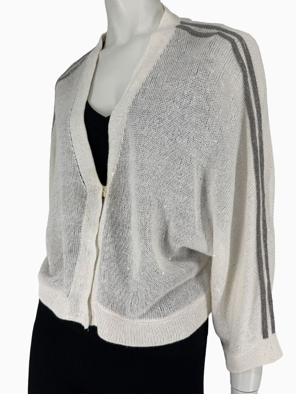 Brunello Cucinelli 3XL Ivory Linen Silk Monili Beaded Cardigan Italy Lightweight Sweater