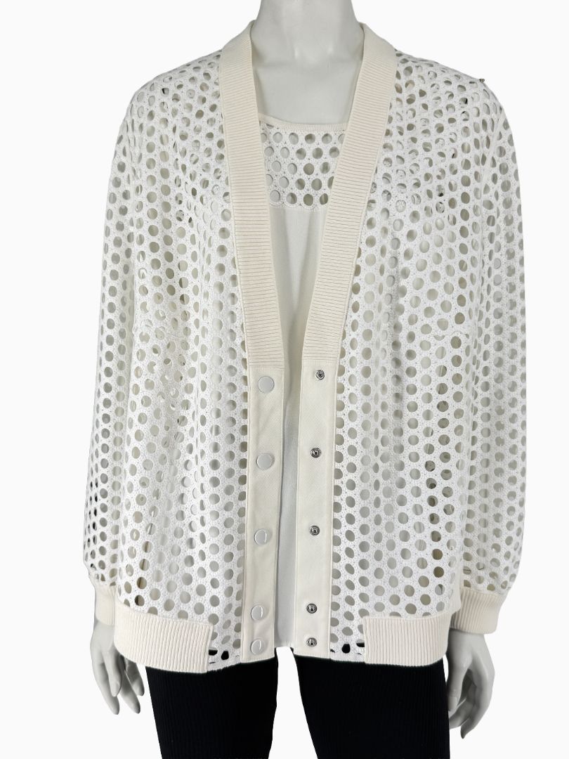 Akris Punto Ivory Openwork Knit 2-Piece Sweater Set – Cardigan Size 16 | Shell Size 14