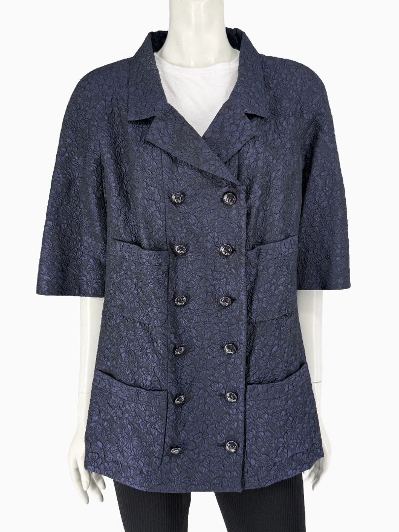 Chanel Silk Jacquard Coat Size 50 Blue Grey Double Breasted France CC Buttons