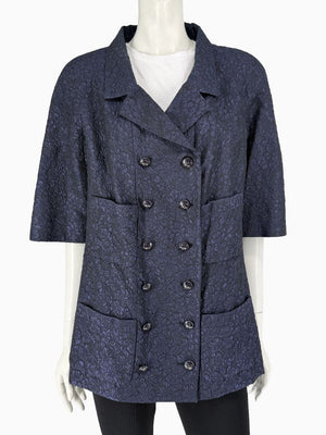 Chanel Silk Jacquard Coat Size 50 Blue Grey Double Breasted France CC Buttons