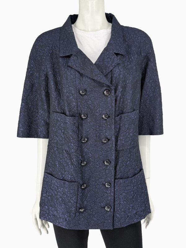 Chanel Silk Jacquard Coat Size 50 Blue Grey Double Breasted France CC Buttons