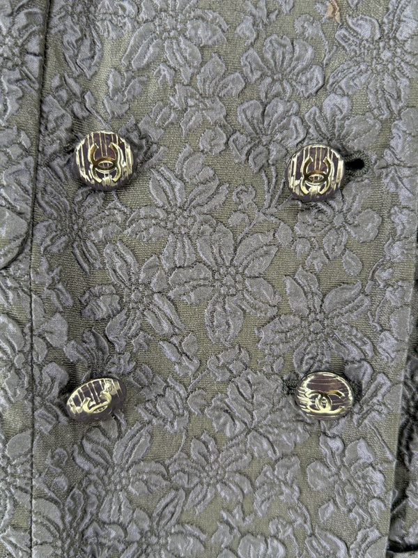 Chanel Silk Jacquard Coat Size 50 Blue Grey Double Breasted France CC Buttons