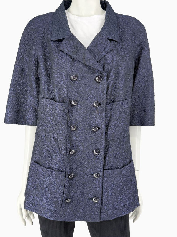 Chanel Silk Jacquard Coat Size 50 Blue Grey Double Breasted France CC Buttons