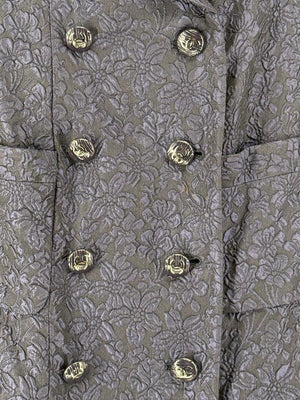 Chanel Silk Jacquard Coat Size 50 Blue Grey Double Breasted France CC Buttons