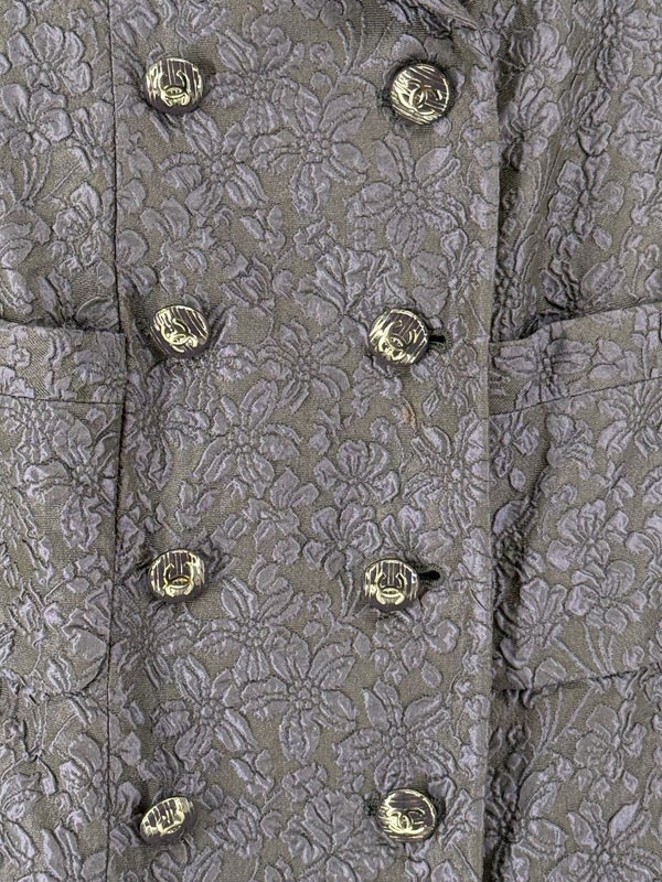 Chanel Silk Jacquard Coat Size 50 Blue Grey Double Breasted France CC Buttons