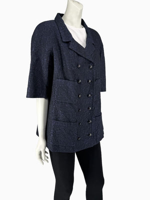 Chanel Silk Jacquard Coat Size 50 Blue Grey Double Breasted France CC Buttons