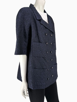 Chanel Silk Jacquard Coat Size 50 Blue Grey Double Breasted France CC Buttons