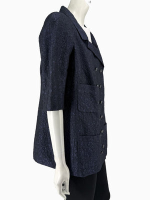 Chanel Silk Jacquard Coat Size 50 Blue Grey Double Breasted France CC Buttons