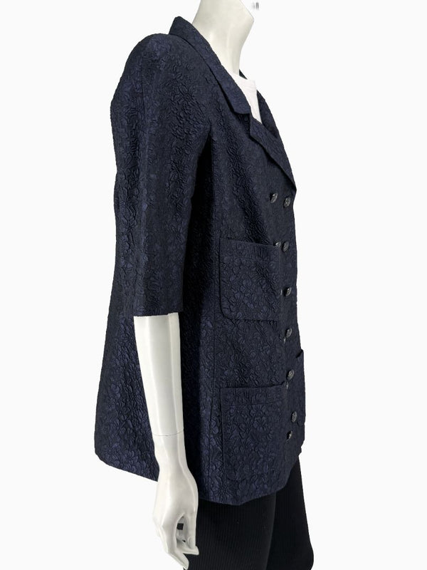 Chanel Silk Jacquard Coat Size 50 Blue Grey Double Breasted France CC Buttons