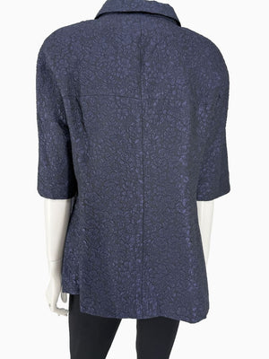 Chanel Silk Jacquard Coat Size 50 Blue Grey Double Breasted France CC Buttons