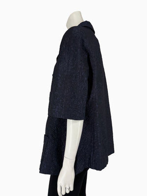 Chanel Silk Jacquard Coat Size 50 Blue Grey Double Breasted France CC Buttons