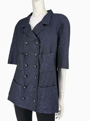 Chanel Silk Jacquard Coat Size 50 Blue Grey Double Breasted France CC Buttons