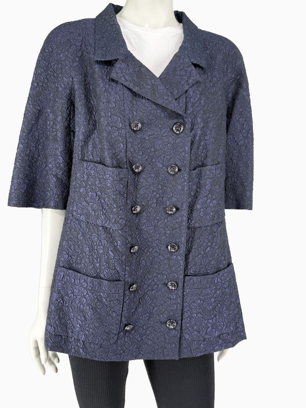 Chanel Silk Jacquard Coat Size 50 Blue Grey Double Breasted France CC Buttons